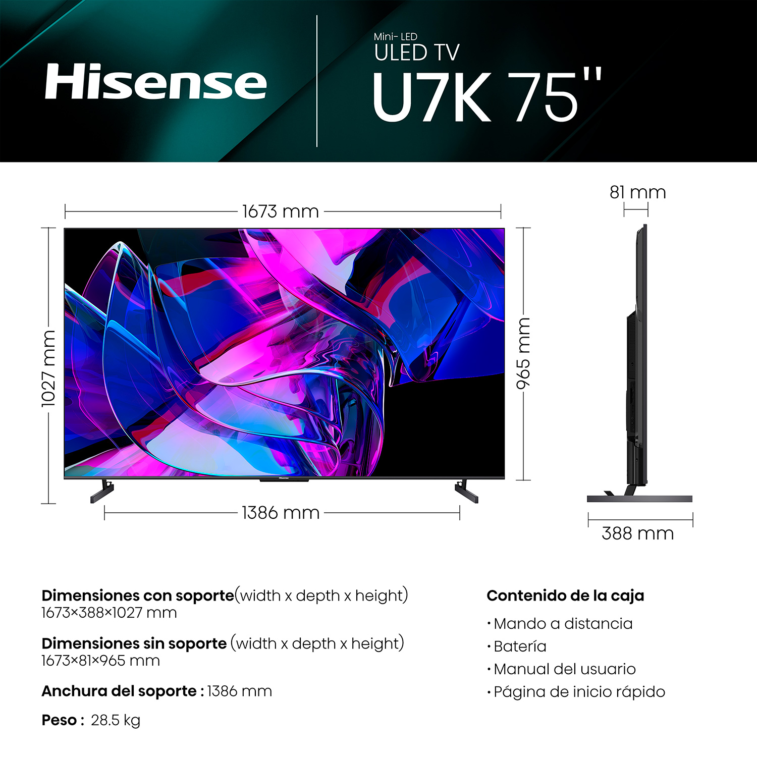 Diagrama de un televisor Hisense Mini-LED U7K de 75 pulgadas con dimensiones y especificaciones en español.