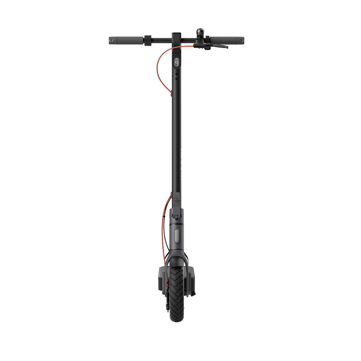 Un patinete eléctrico negro con cable naranja y fondo negro.