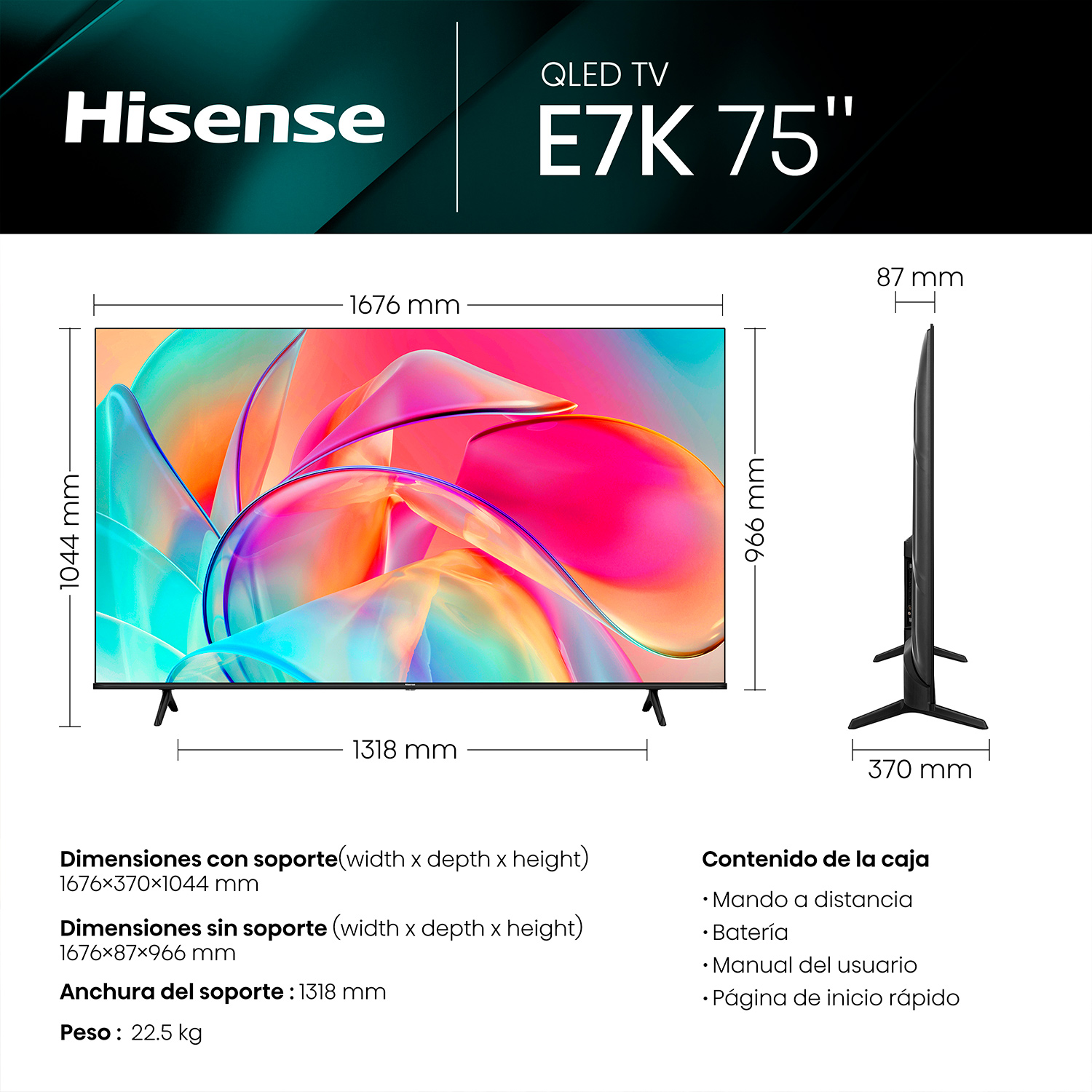 TV Hisense QLED de 75" con dimensiones y especificaciones. También se muestra una vista lateral.