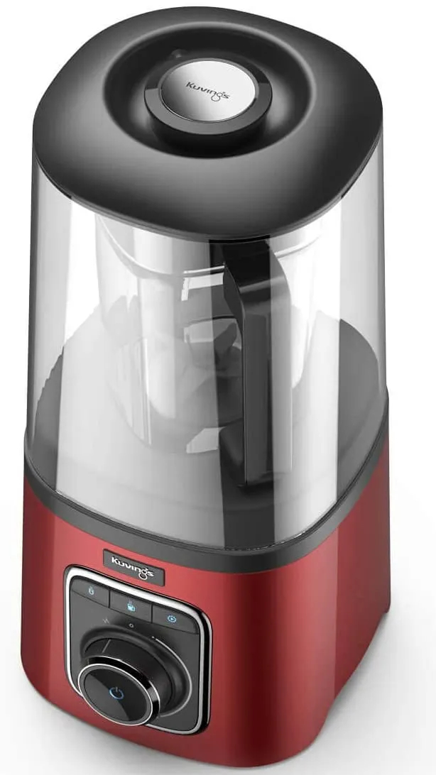 Czerwony blender z czarnym wierzchem i przezroczystym pojemnikiem. Panel sterowania jest widoczny na podstawie.