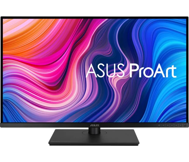 Czarny monitor komputerowy z logo ASUS ProArt. Wyświetla kolorowy abstrakcyjny wzór.