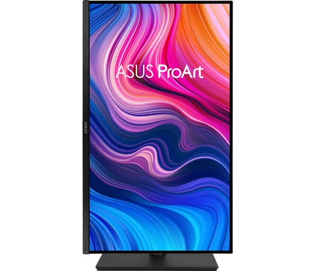 Pionowy widok monitora ASUS ProArt. Ekran wyświetla kolorową grafikę.