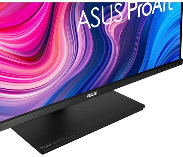 Monitor ASUS ProArt, czarna ramka, kolorowy obraz na ekranie.