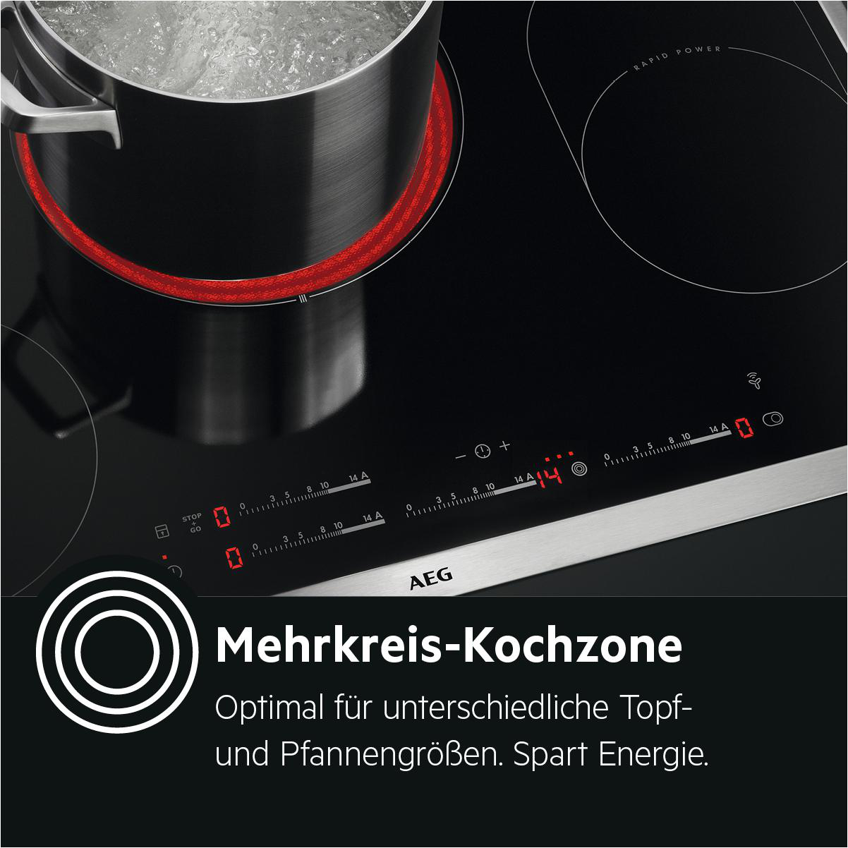 Nahaufnahme eines schwarzen Induktionskochfelds mit Topf, mit dem Text und Logo Mehrkreis-Kochzone.
