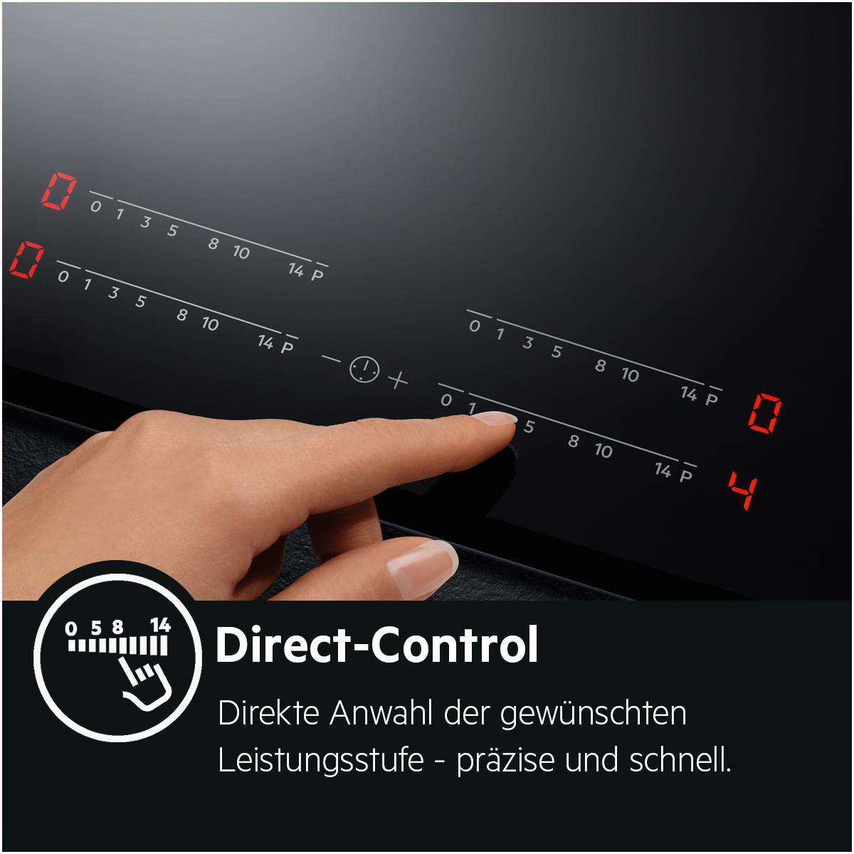 Schwarzes Kochfeld mit einem Finger, der eine Steuerung berührt. Rote Zahlen werden angezeigt.