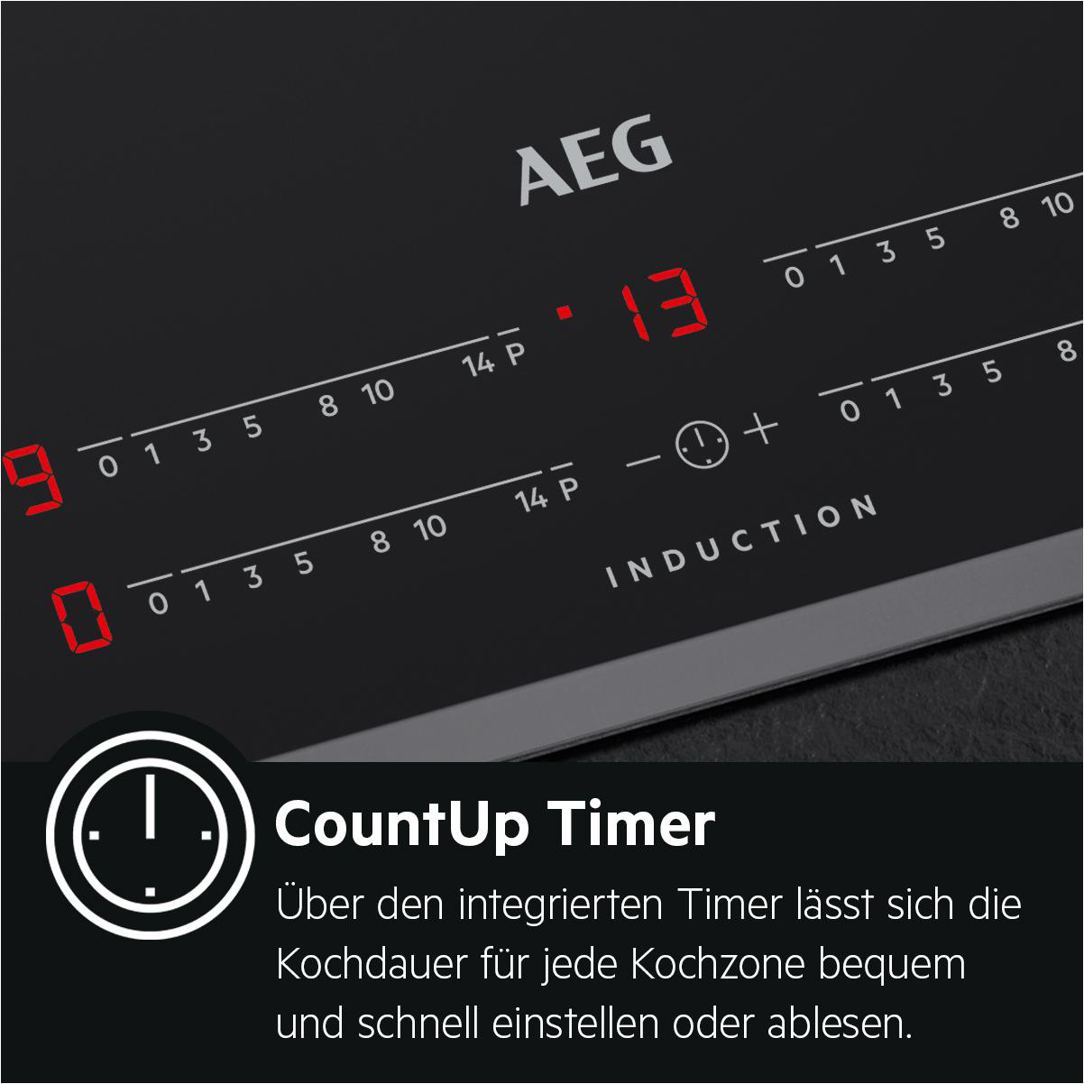 AEG Induktionskochfeld mit Anzeige '13'. CountUp Timer Symbol.