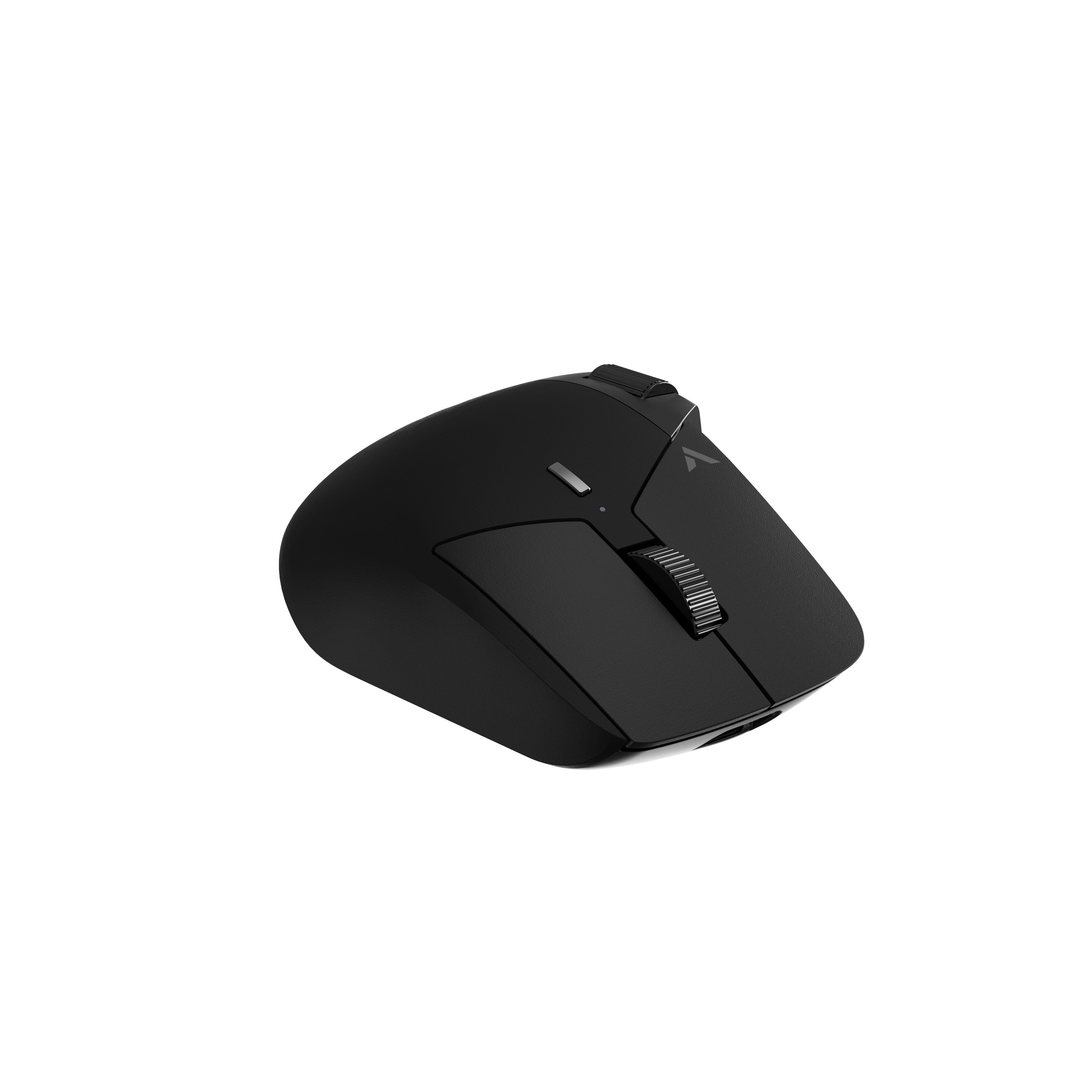 Schwarze Maus, Draufsicht, mit Scrollrad und Tasten, weißer Hintergrund.