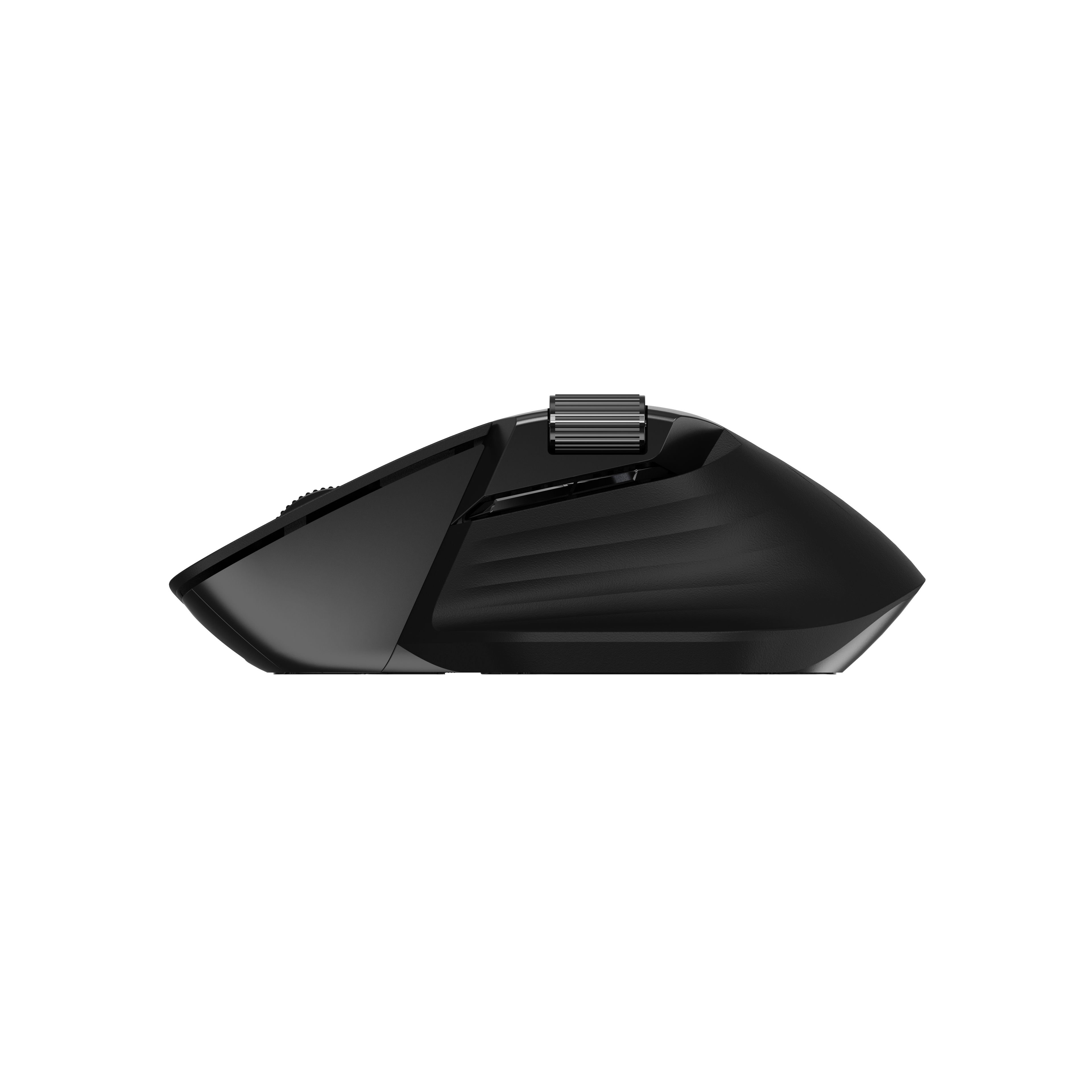 Schwarze Computermaus, Seitenansicht. Sie hat ein Scrollrad und Tasten. Die Oberfläche ist strukturiert.