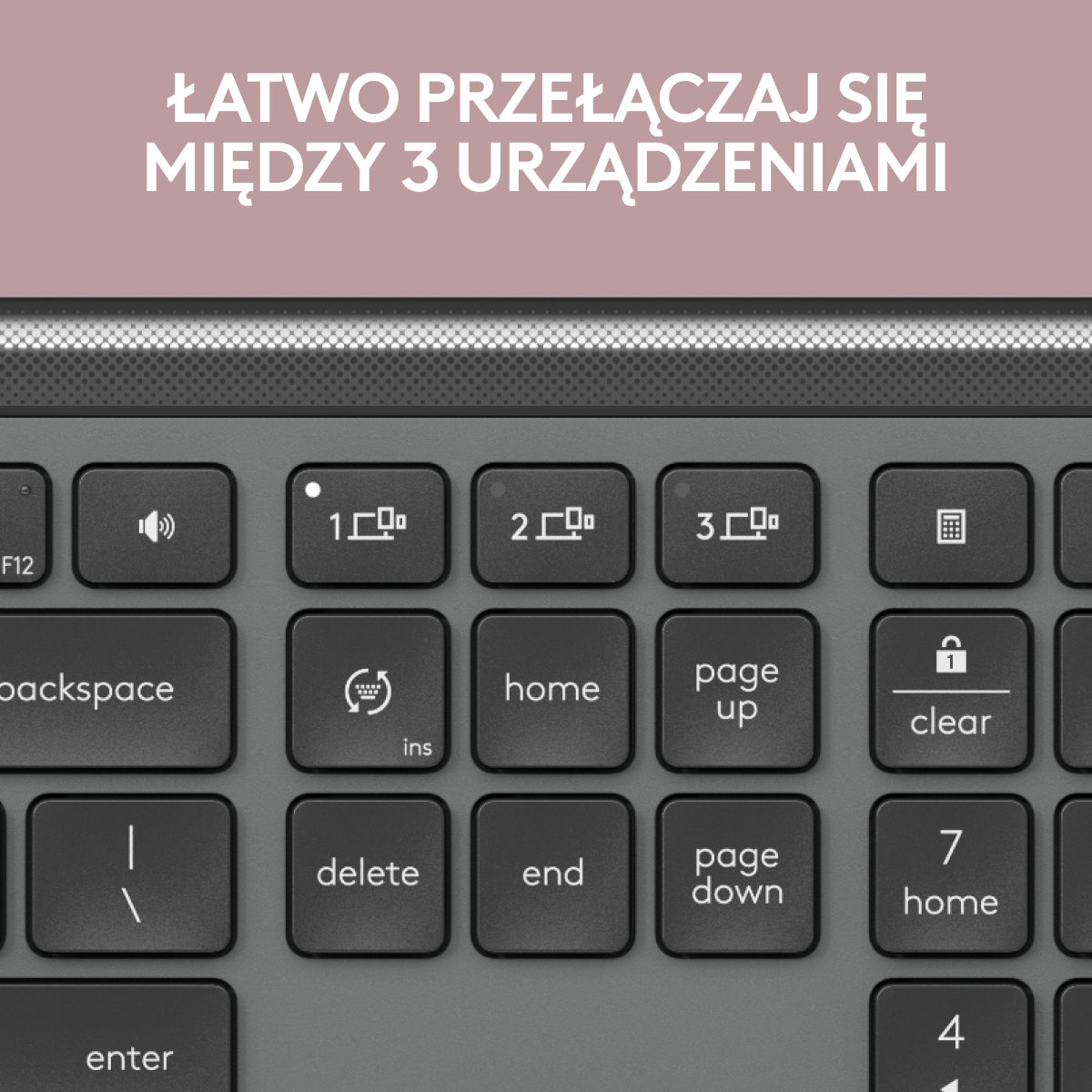Zbliżenie klawiatury z klawiszami oznaczonymi 1, 2, 3, delete, home, end, page up, page down.