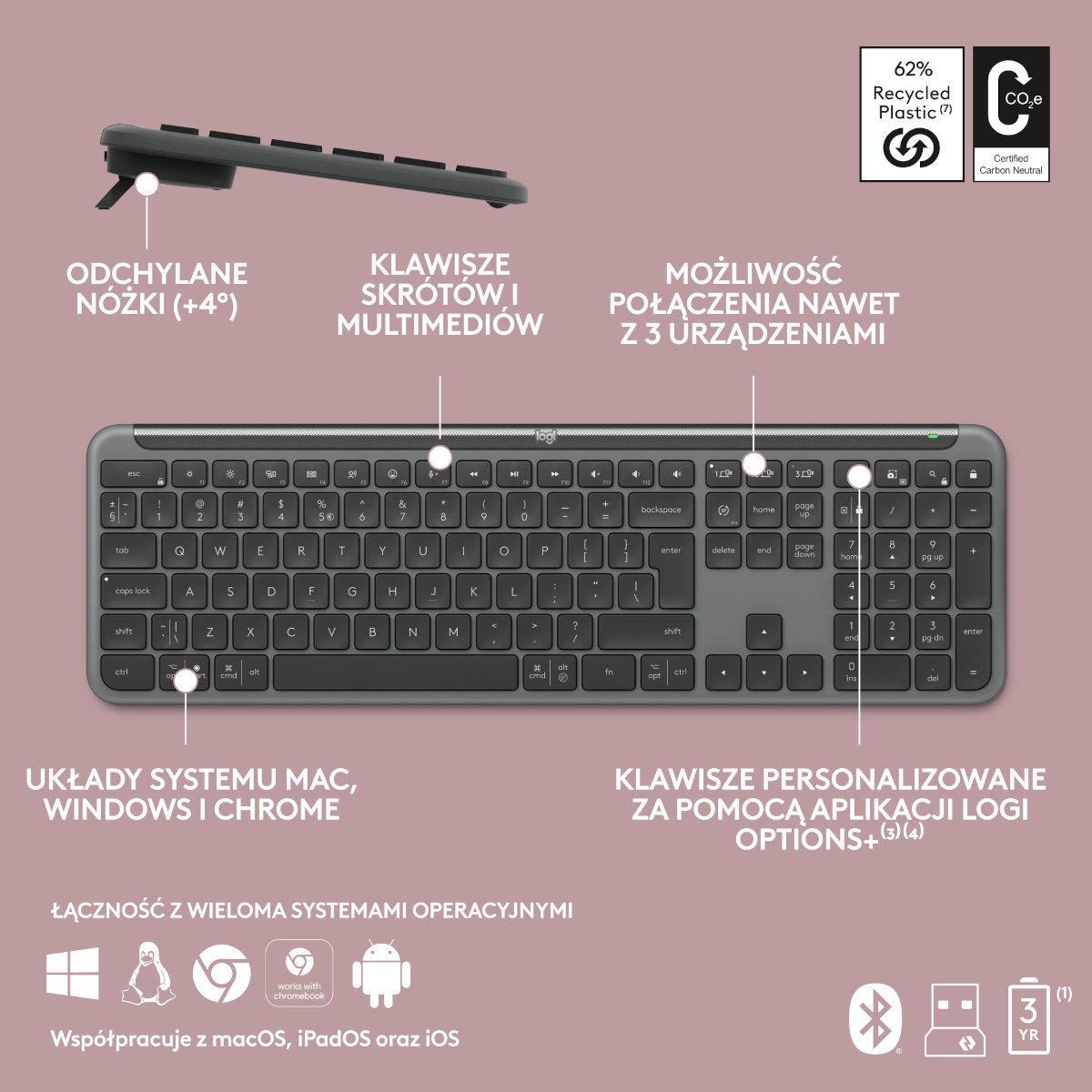Widok z góry na szarą klawiaturę Logitech. Posiada układy Mac, Windows, Chrome i klawisze multimedialne.