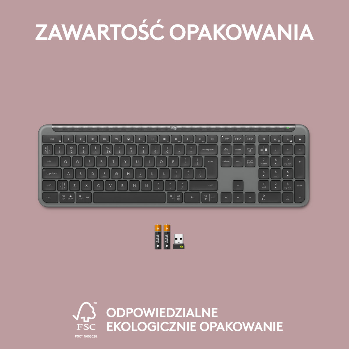 Klawiatura z akcesoriami, w tym bateriami, oraz tekst w języku polskim o zawartości opakowania.