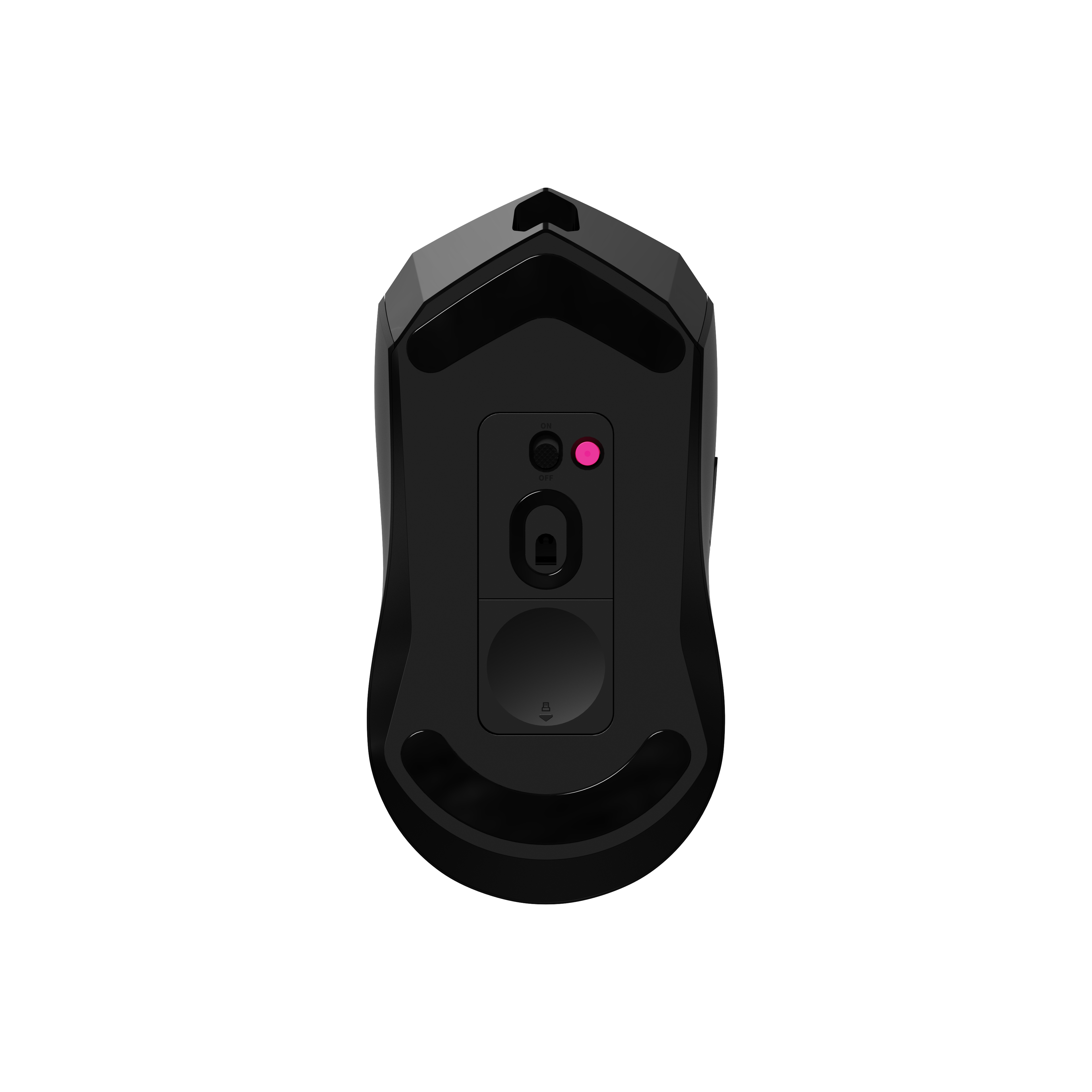 Unteransicht einer schwarzen Gaming-Maus, die die Basis, den Sensor und eine Power-Taste zeigt.