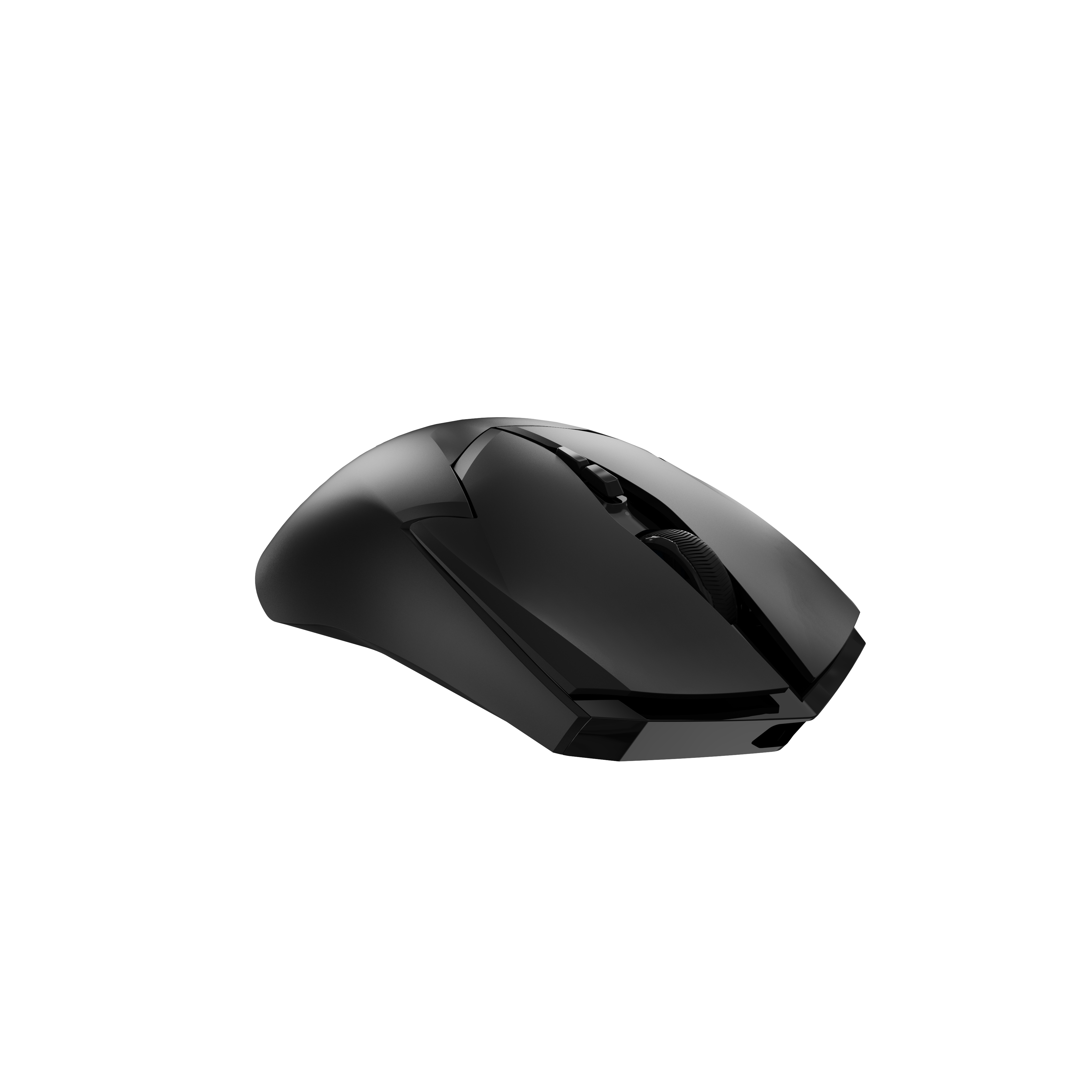 Schwarze kabellose Maus auf weißem Hintergrund. Die Maus hat ein Scrollrad.