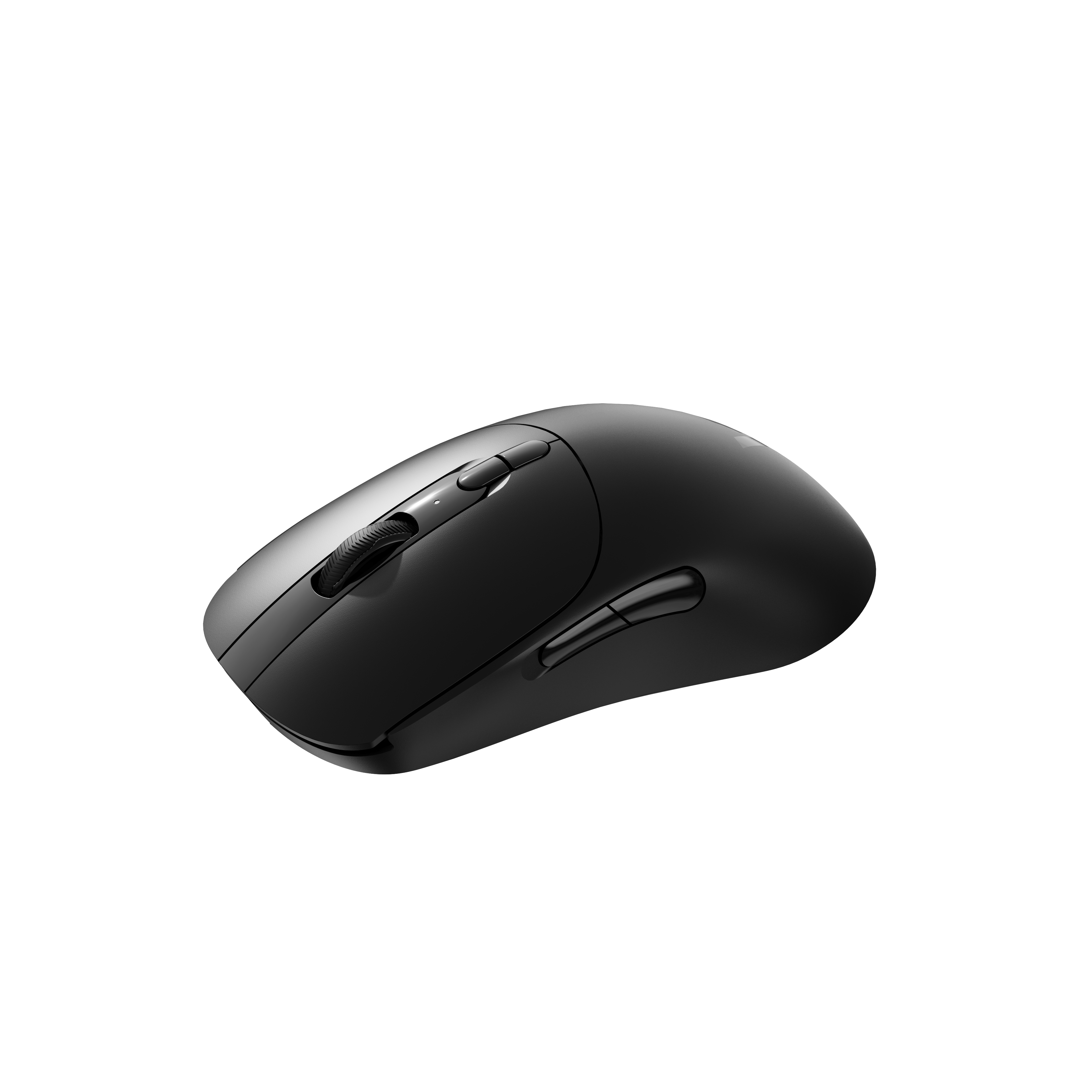 Eine schwarze Computermaus auf weißem Hintergrund, mit Scrollrad und Tasten.