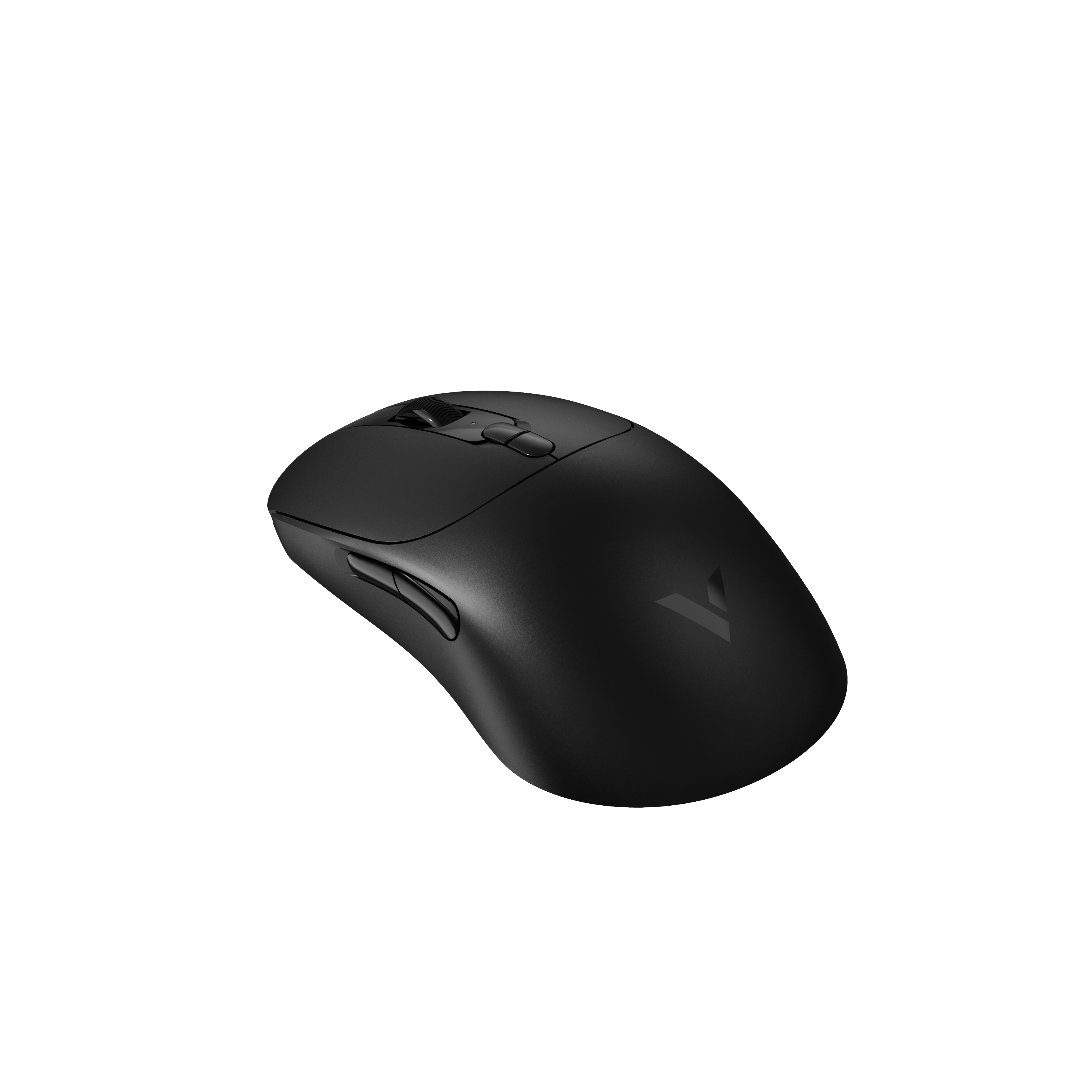 Eine schwarze Computermaus mit Logo. Die Maus hat Tasten und ein Scrollrad.
