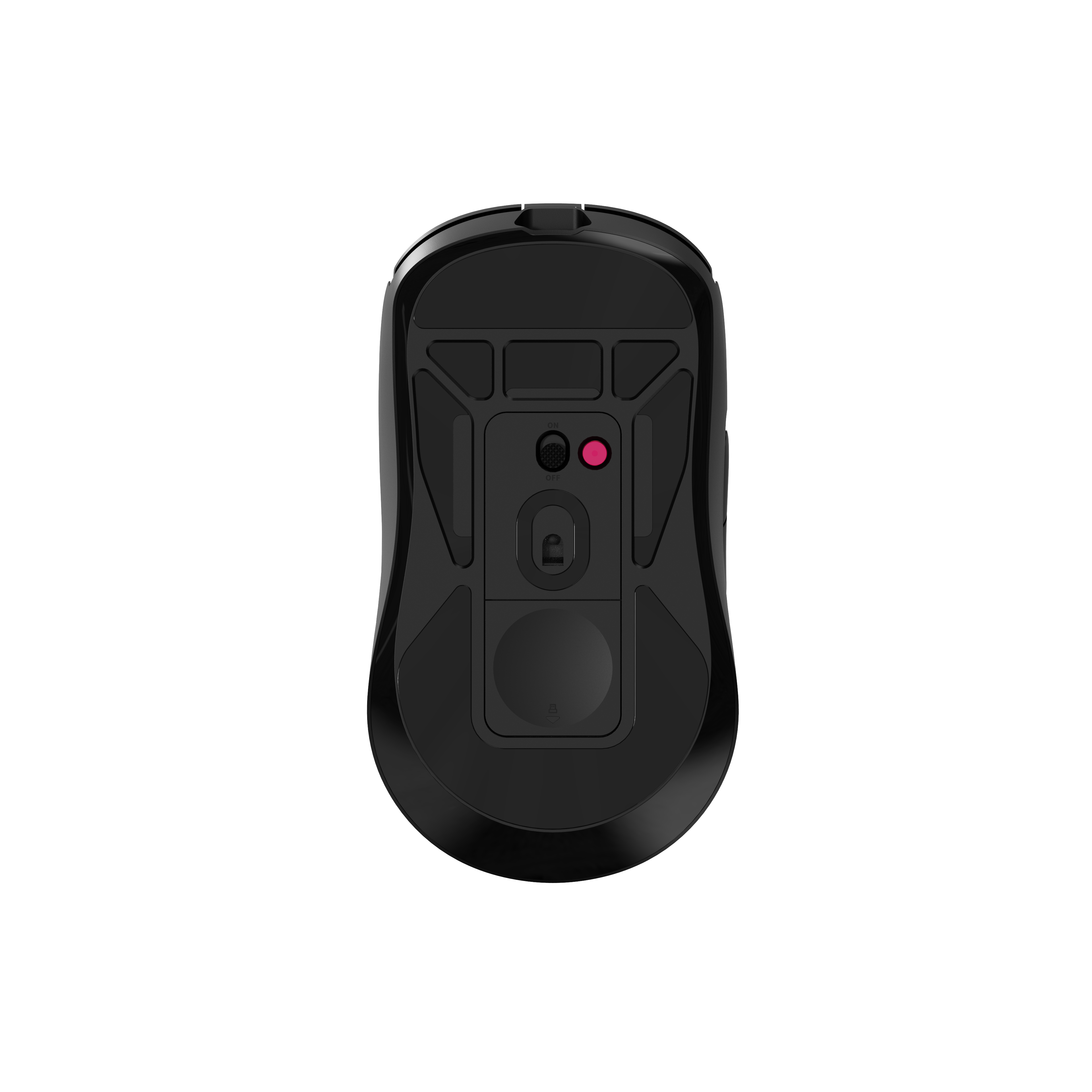 Die Unterseite einer schwarzen Computermaus. Sie hat eine rosa Taste und einen zentralen Sensor.