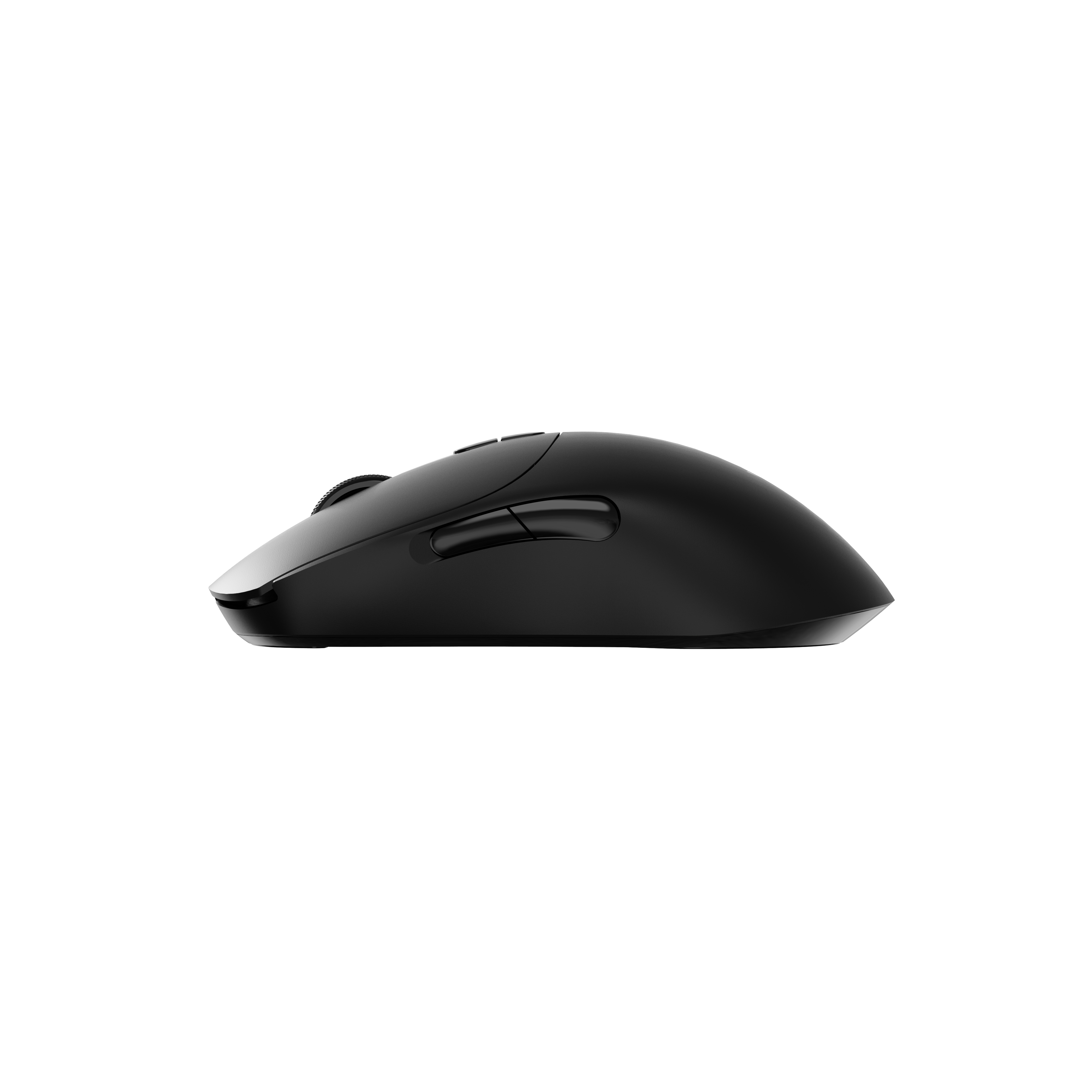Schwarze Computermaus von der Seite gesehen, mit Tasten und einem Scrollrad.