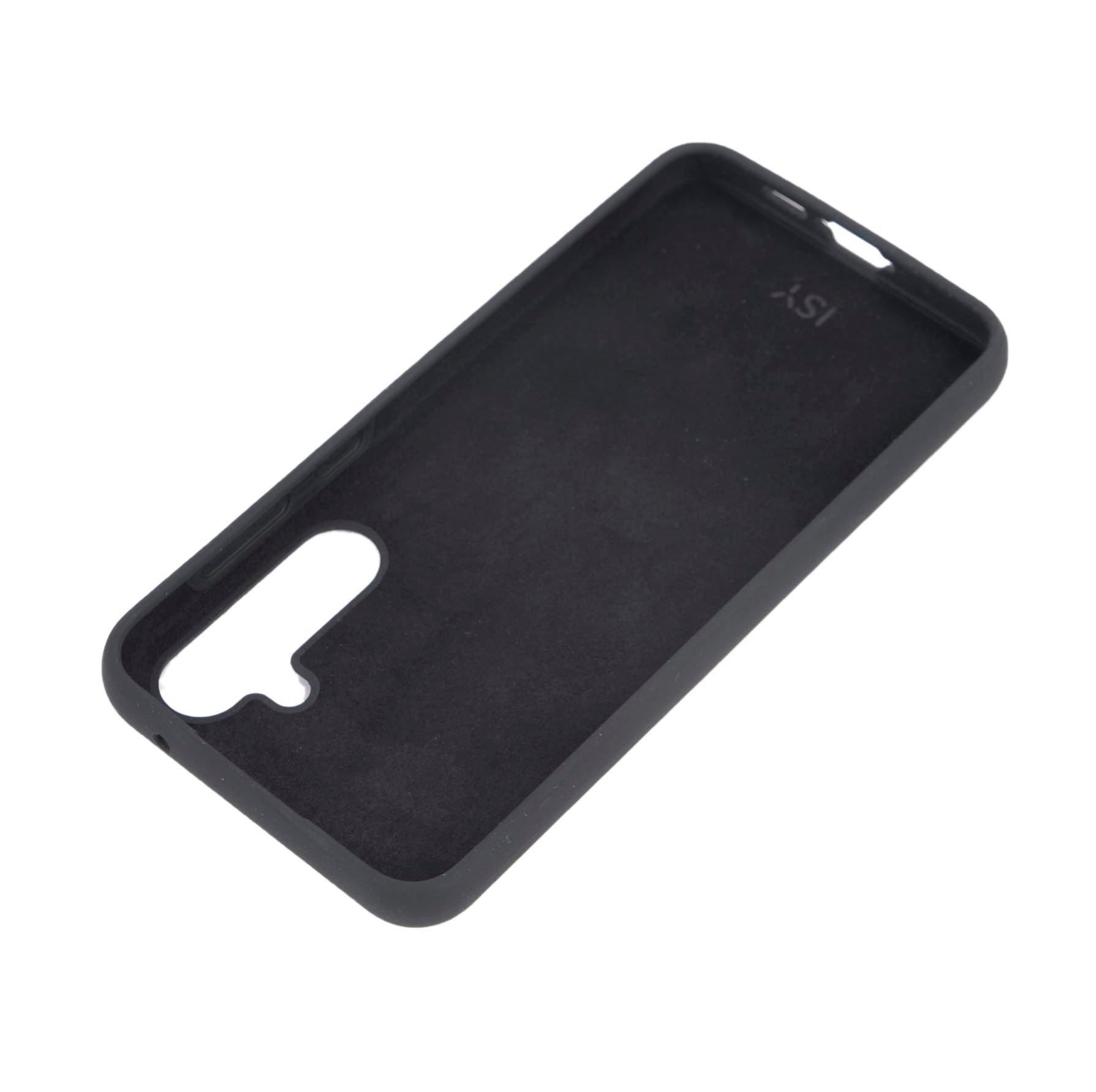 Schwarze Handyhülle mit Aussparungen für Kamera, Knöpfe und Ladeanschluss.