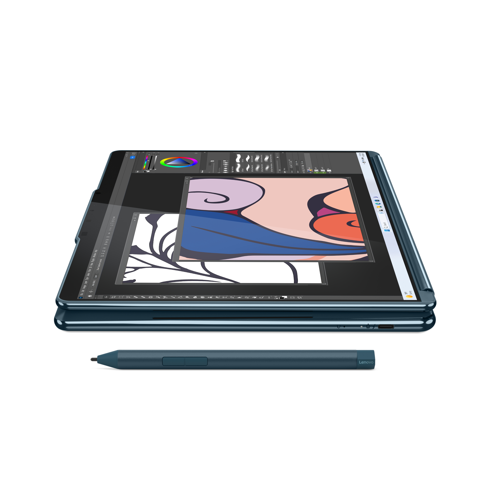 Ein blaues Tablet mit einer digitalen Zeichnung auf dem Bildschirm und einem Stift auf weißer Oberfläche.