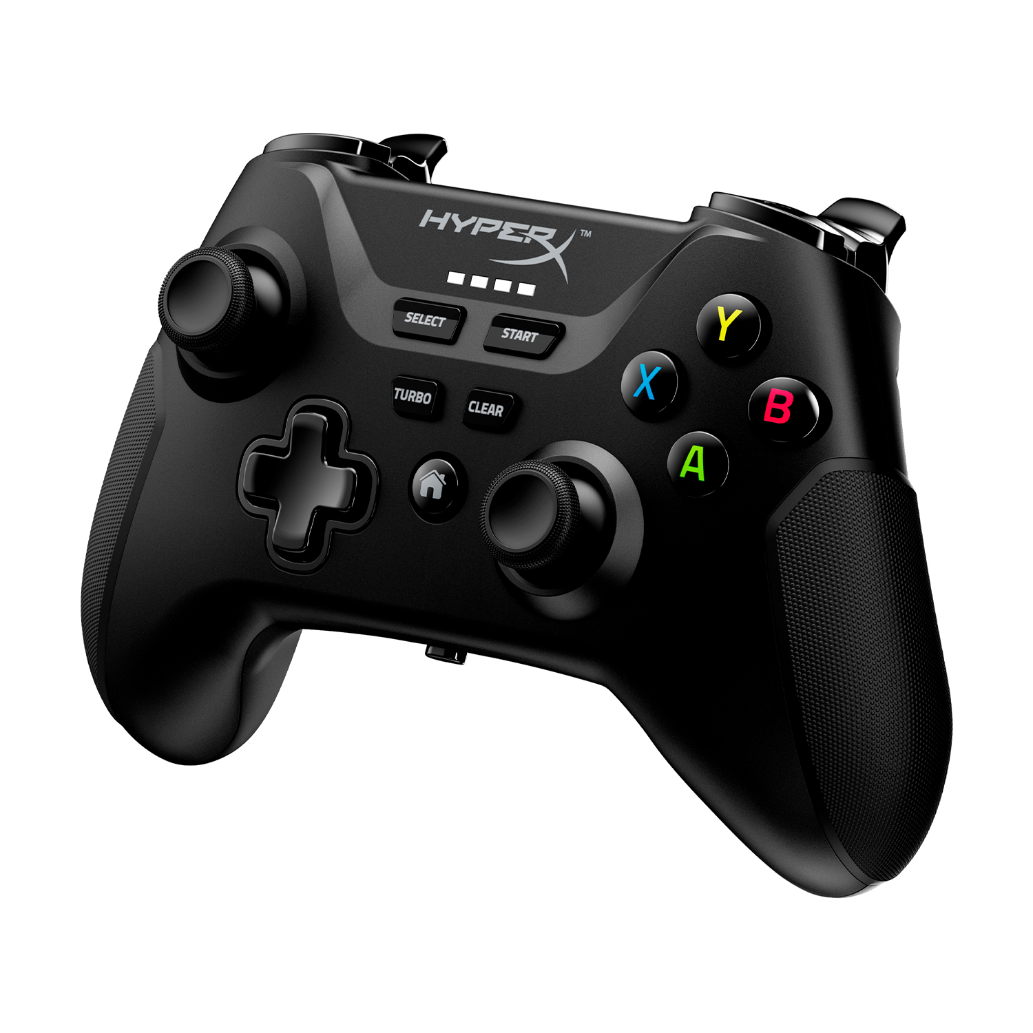 Un controller di gioco HyperX nero con pulsanti e joystick, sfondo bianco.
