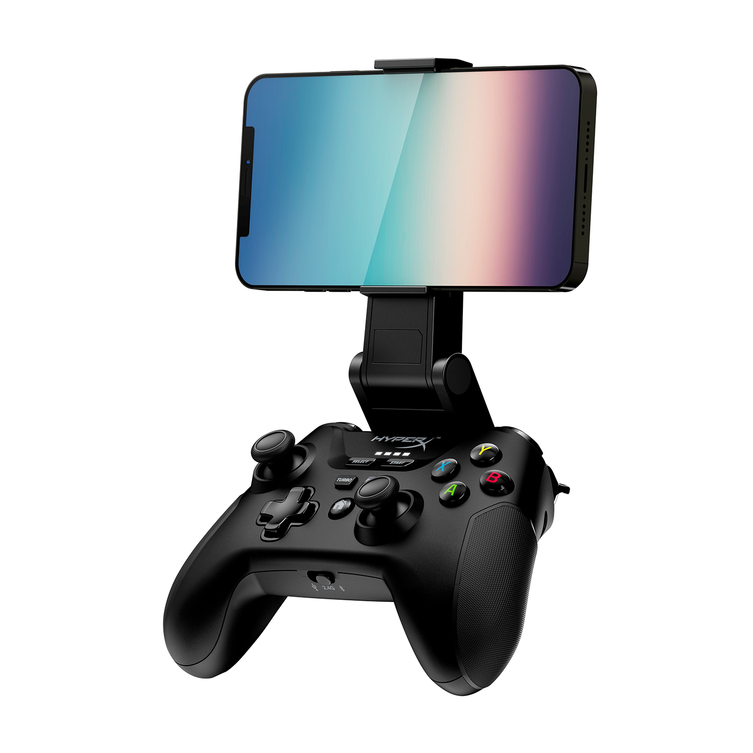 Controller nero con telefono collegato, su sfondo bianco.