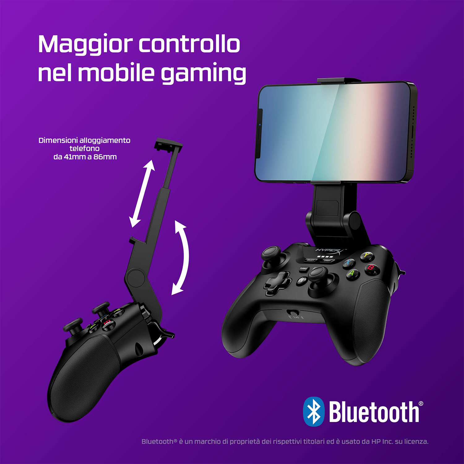 Controller di gioco nero con supporto per telefono. Frecce bianche indicano la regolazione.