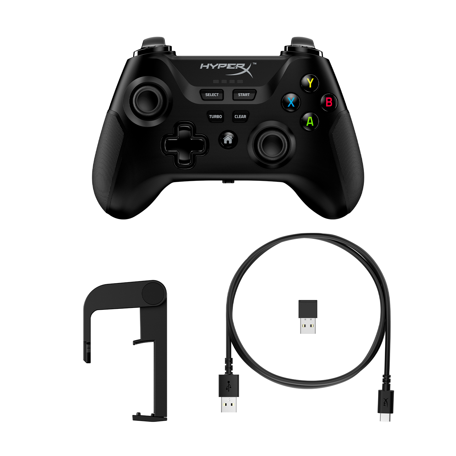 Controller HyperX nero con accessori. Include un cavo USB, un adattatore USB e una clip.
