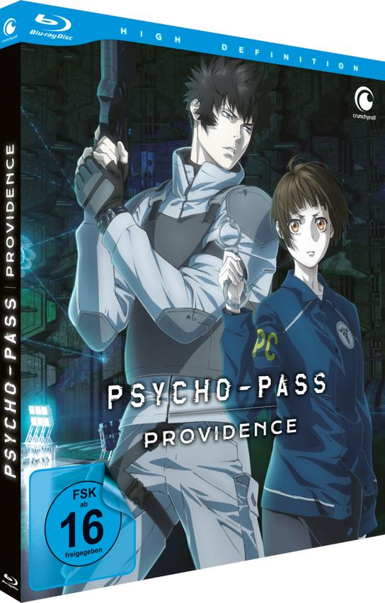 Blu-ray-Disc-Cover für den Anime Psycho-Pass Providence. Zwei Charaktere, dunkler Hintergrund.
