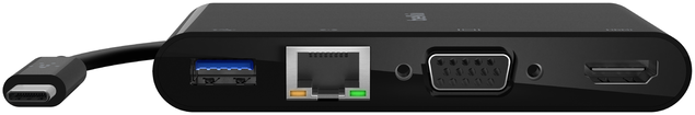 Fekete USB-C hub különböző portokkal, USB, ethernet, HDMI és VGA, fehér háttér.