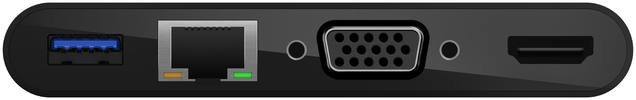 Fekete eszköz USB, Ethernet, VGA és HDMI portokkal. A portok a hátoldalon vannak.