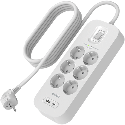 BELKIN Connect túlfeszültségvédő hosszabbító 6 kimenettel USB-A, USB-C csatlakozással, fehér (SRB002vf2M)