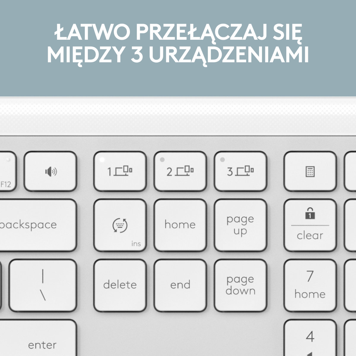 Zbliżenie klawiatury. Pokazuje białe klawisze z symbolami i funkcjami. Nowoczesny design, przejrzysty układ.