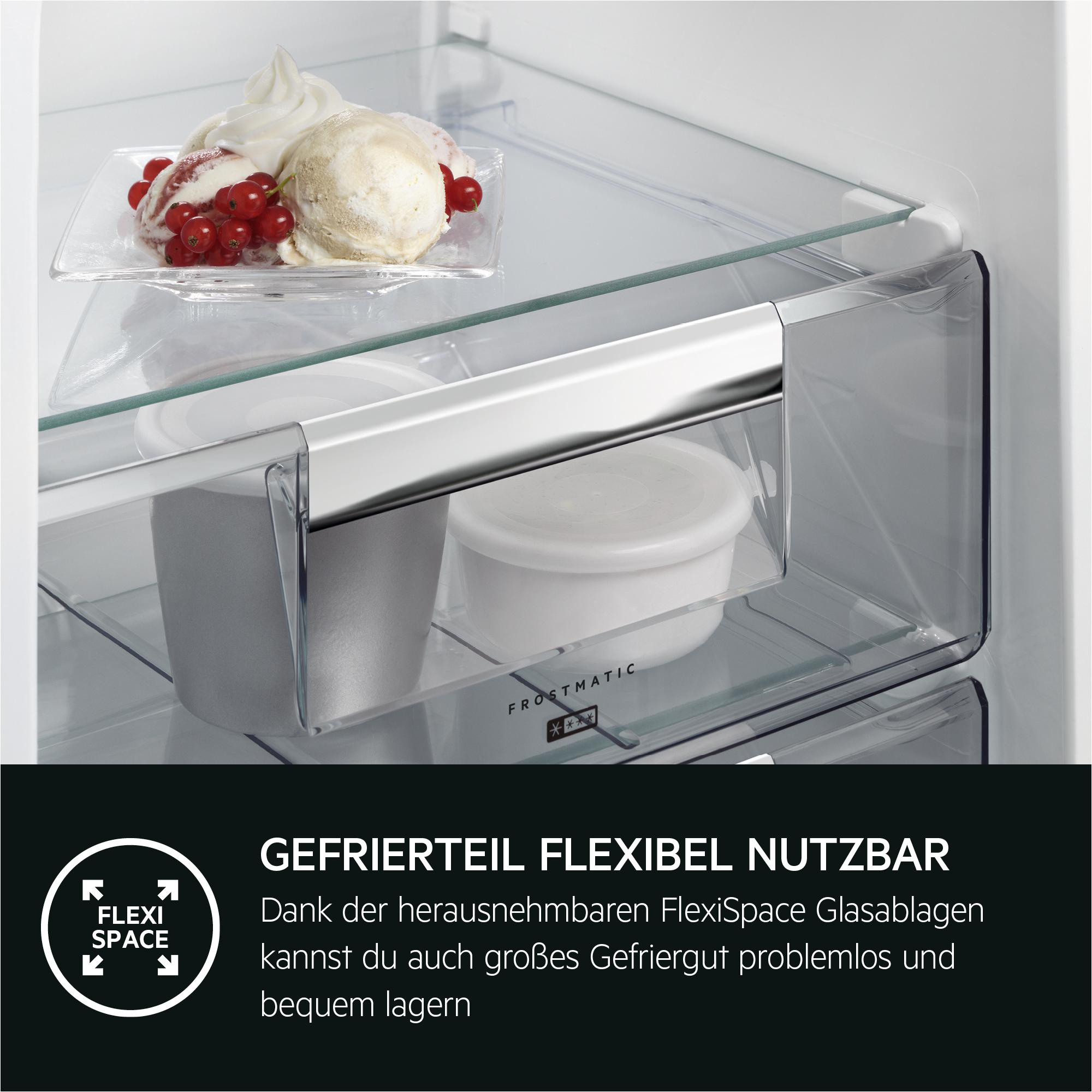 Im Kühlschrank, Glasböden, Essen in Behältern und Text unten.