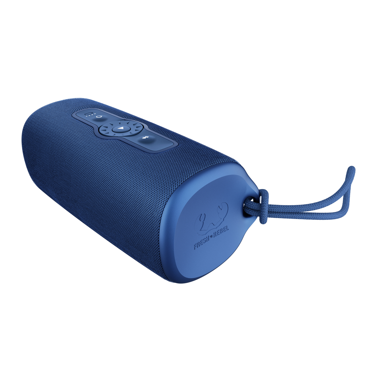 Blue cylindrical speaker with buttons and a lanyard loop. White background.