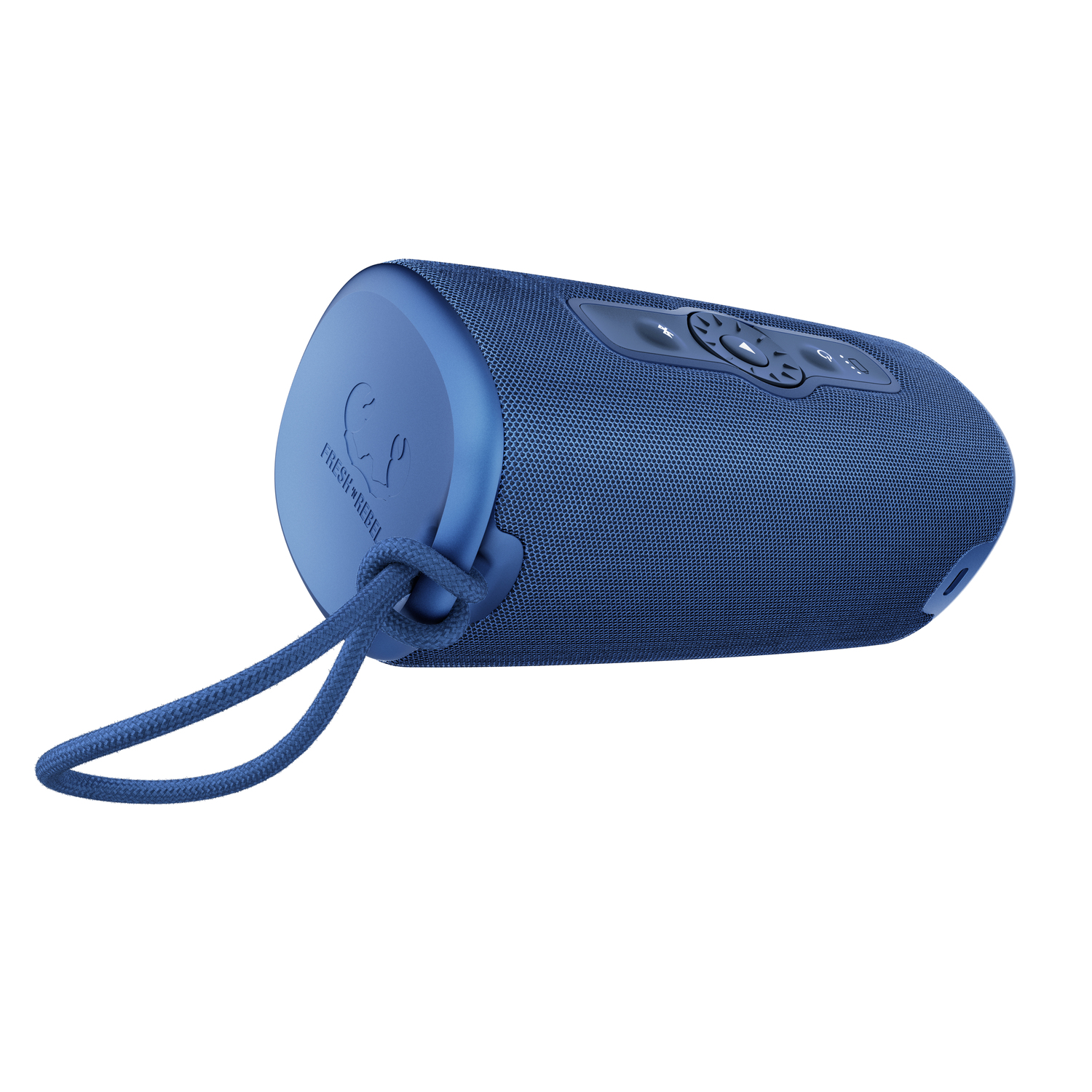 Blue cylindrical speaker with a carrying strap and control buttons. White background.