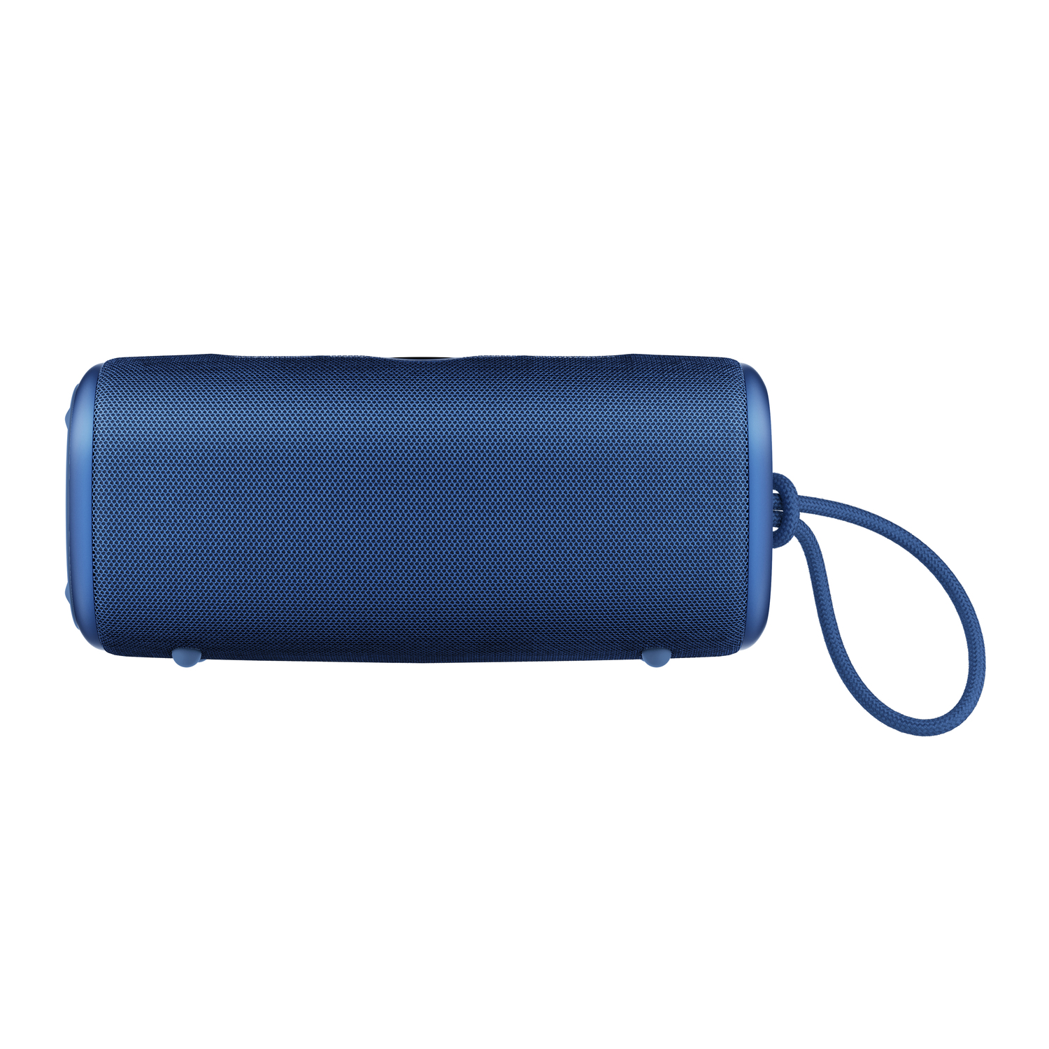 Blue cylindrical speaker with a loop on a white background. Top view.