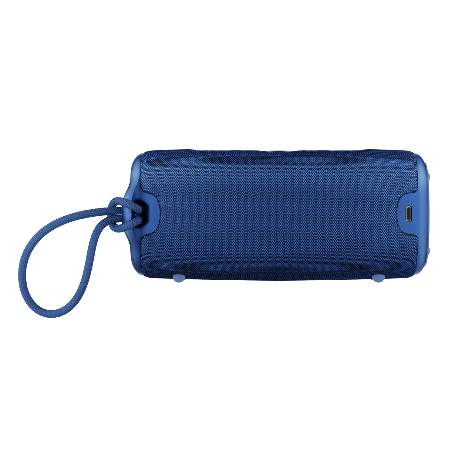 Blue rectangular bluetooth speaker with a strap.