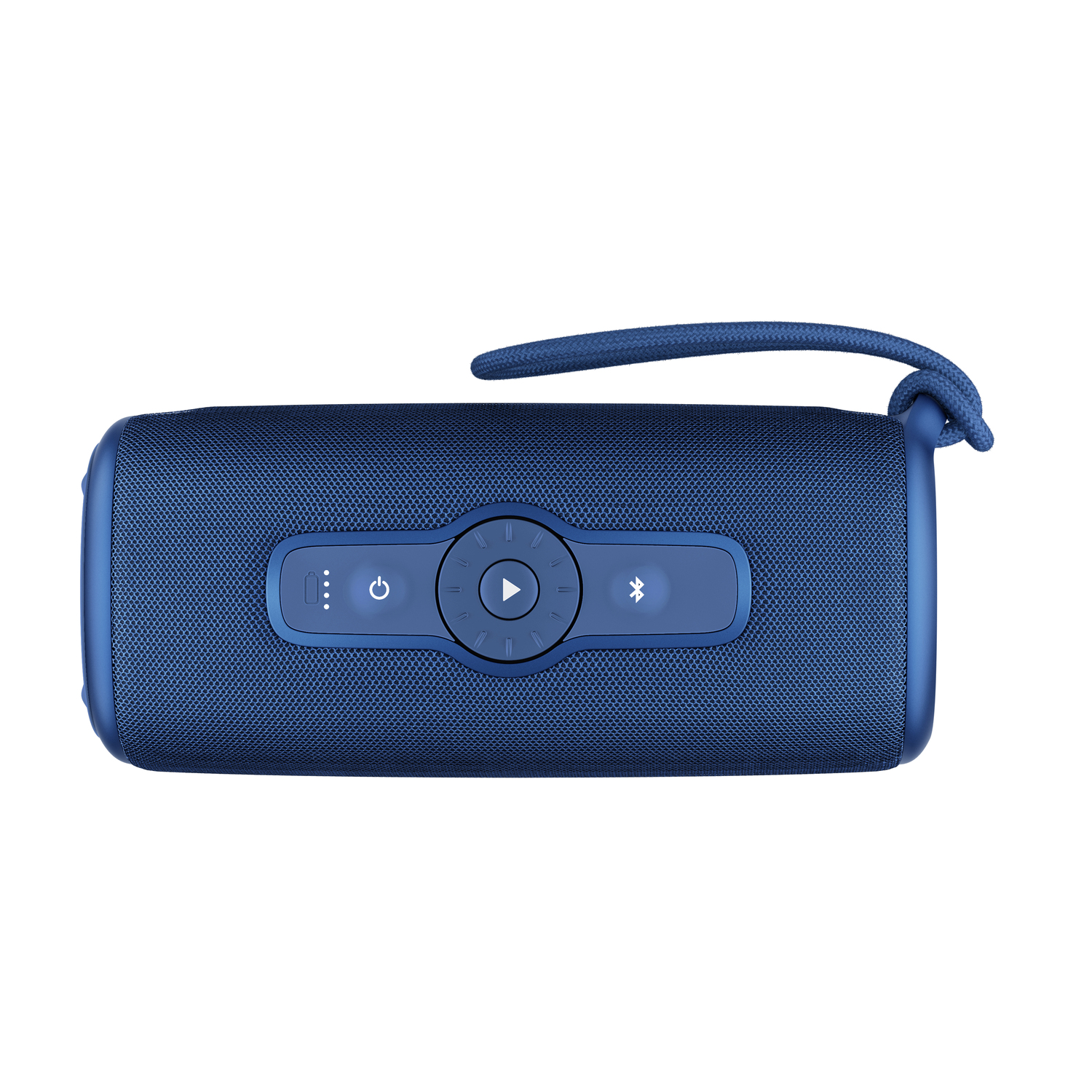 Blue portable speaker with buttons, a carrying strap, and a white background.