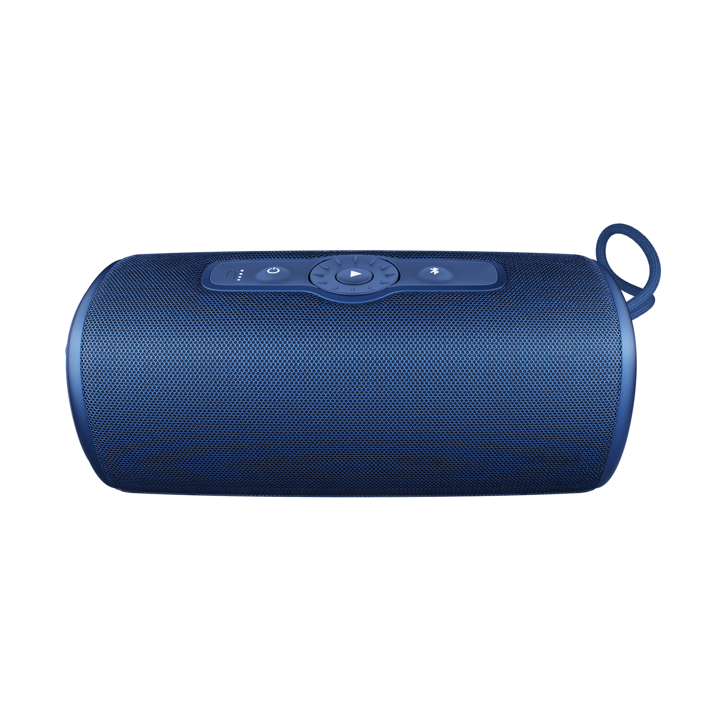 Blue, cylindrical portable Bluetooth speaker.