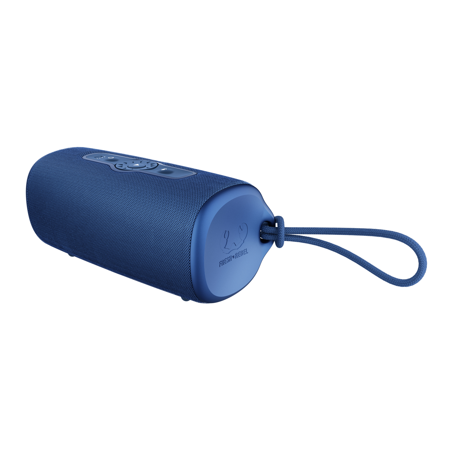 A blue cylindrical speaker with buttons on top and a loop for a carrying strap.