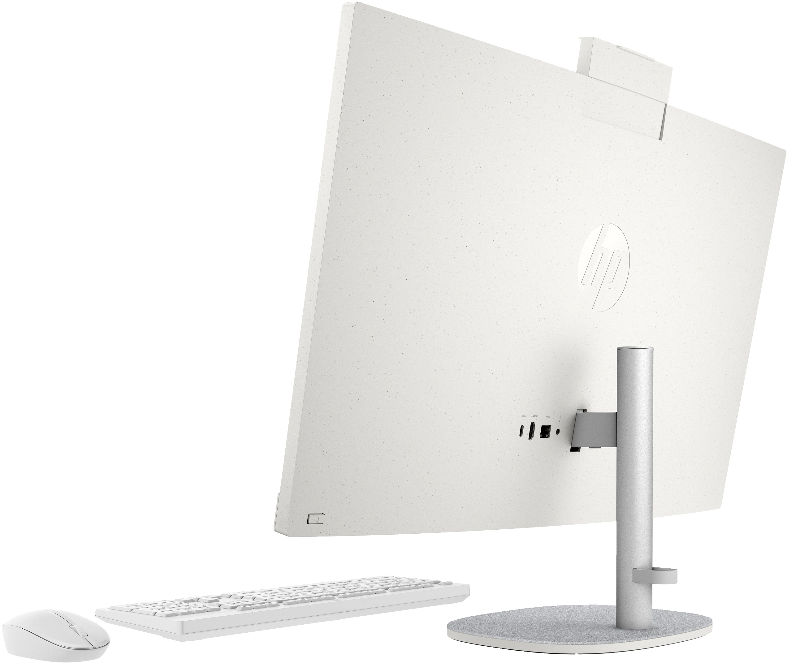 Vue arrière d'un ordinateur tout-en-un blanc avec un clavier et une souris.