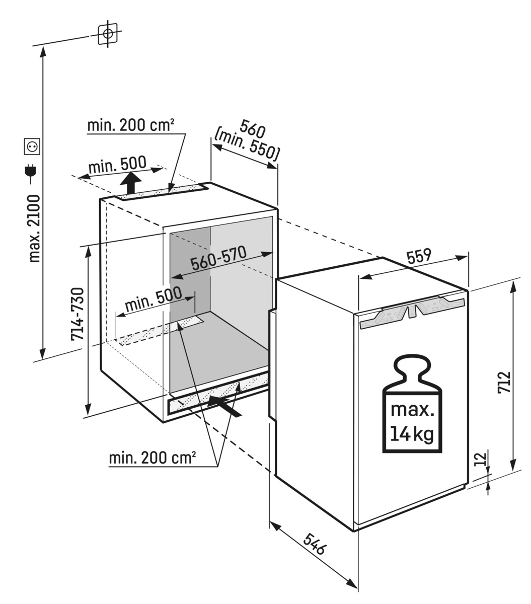 Diagramm eines Kühlschranks mit Abmessungen und Installationsanweisungen.