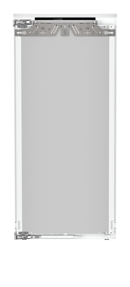 Weiße Kühlschranktür, mit Metallhalterungen, Frontansicht.