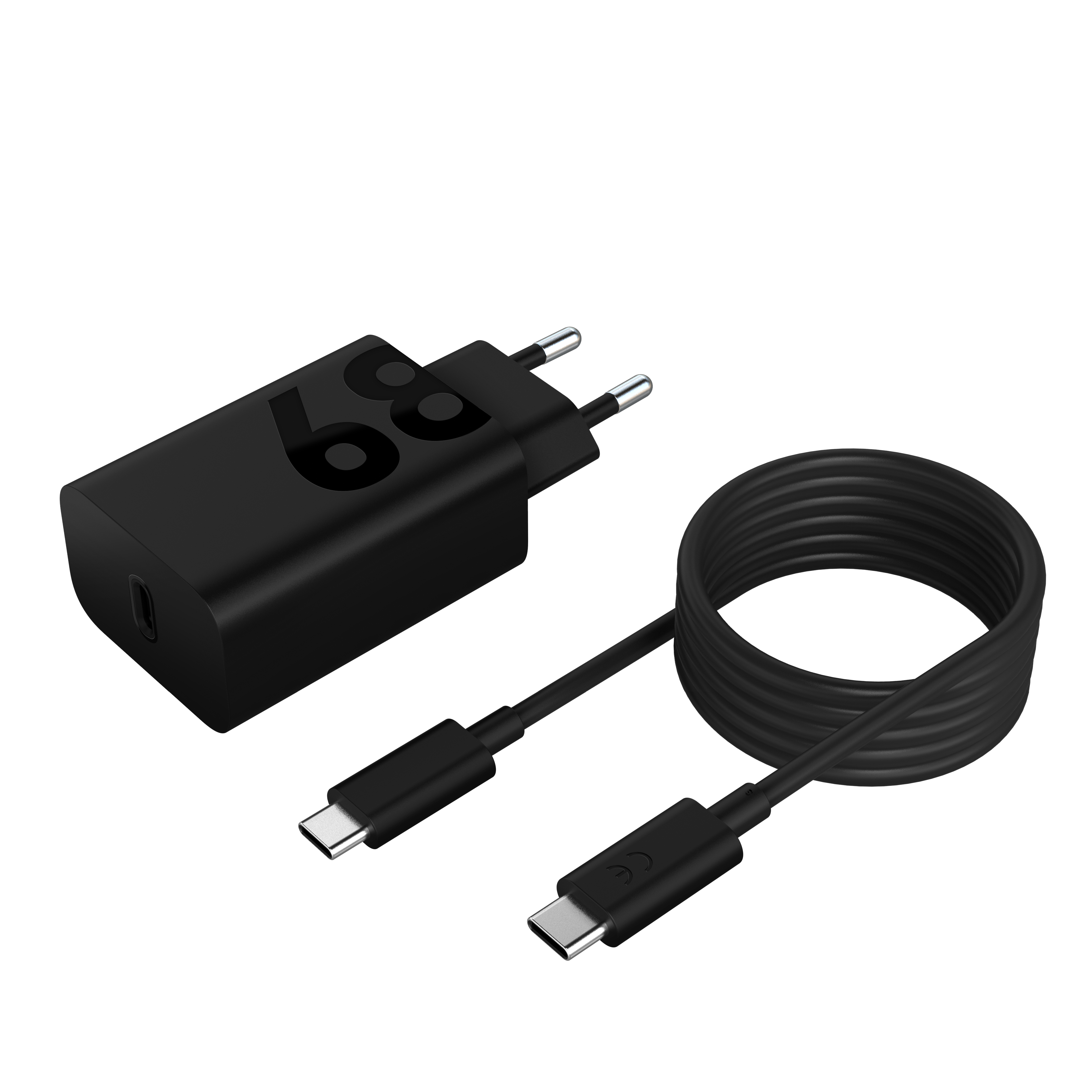 Schwarzes Ladegerät und ein schwarzes USB-C-Kabel, aufgerollt. Das Ladegerät hat Logo.