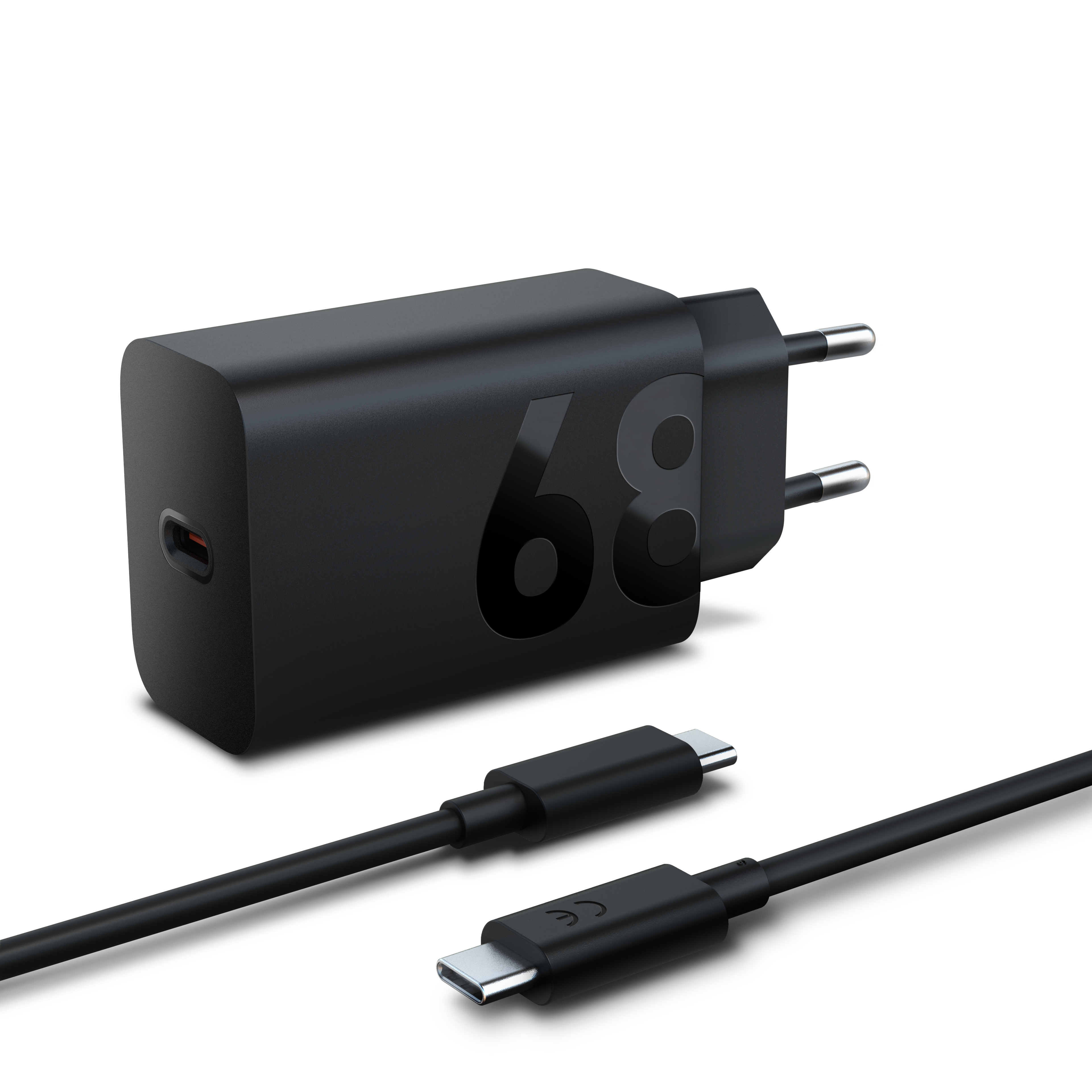 Schwarzes Ladegerät mit C-Anschluss und schwarzem Kabel.
