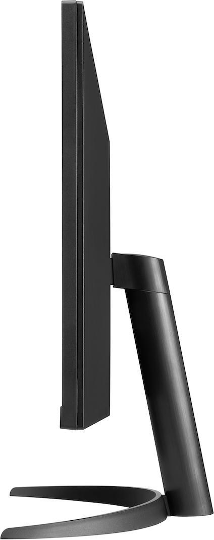 Schwarzer Computermonitor. Seitenansicht. Schlankes Design mit geschwungener Basis. Moderne Ästhetik.