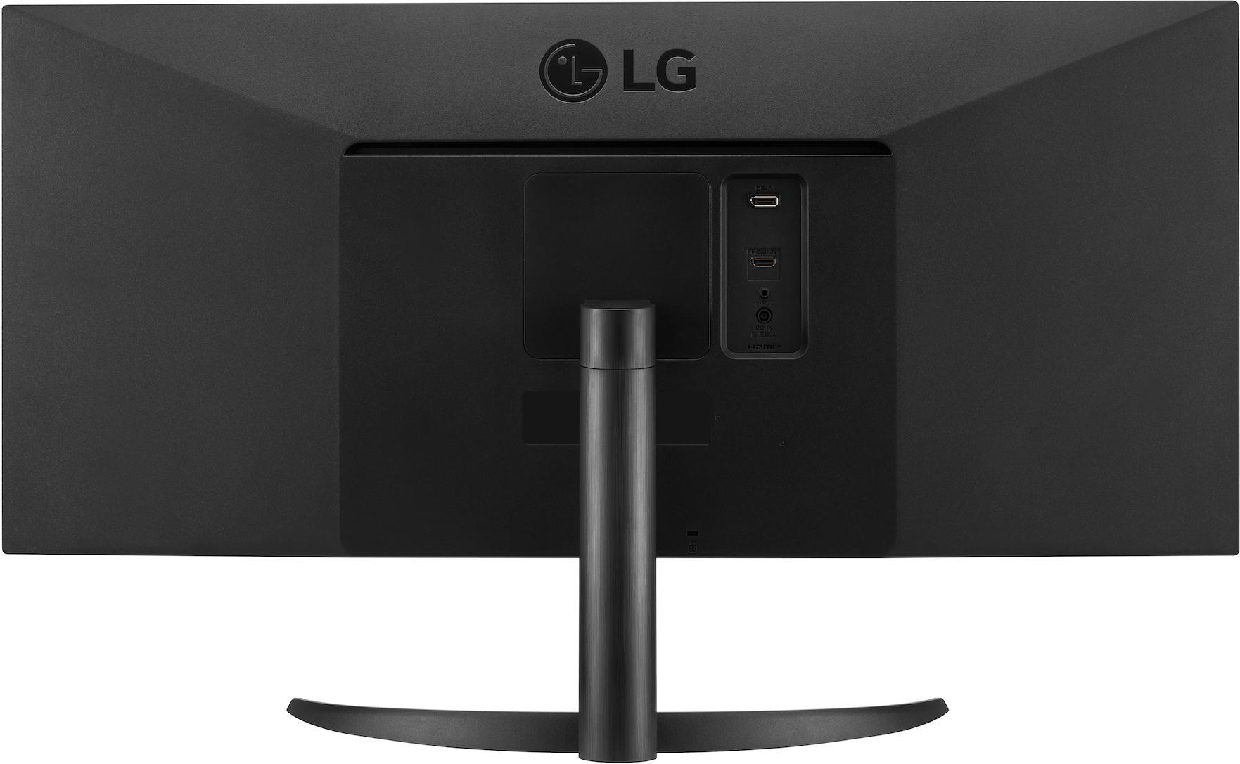 Rückseite eines schwarzen LG-Monitors mit Anschlüssen und Ständer.