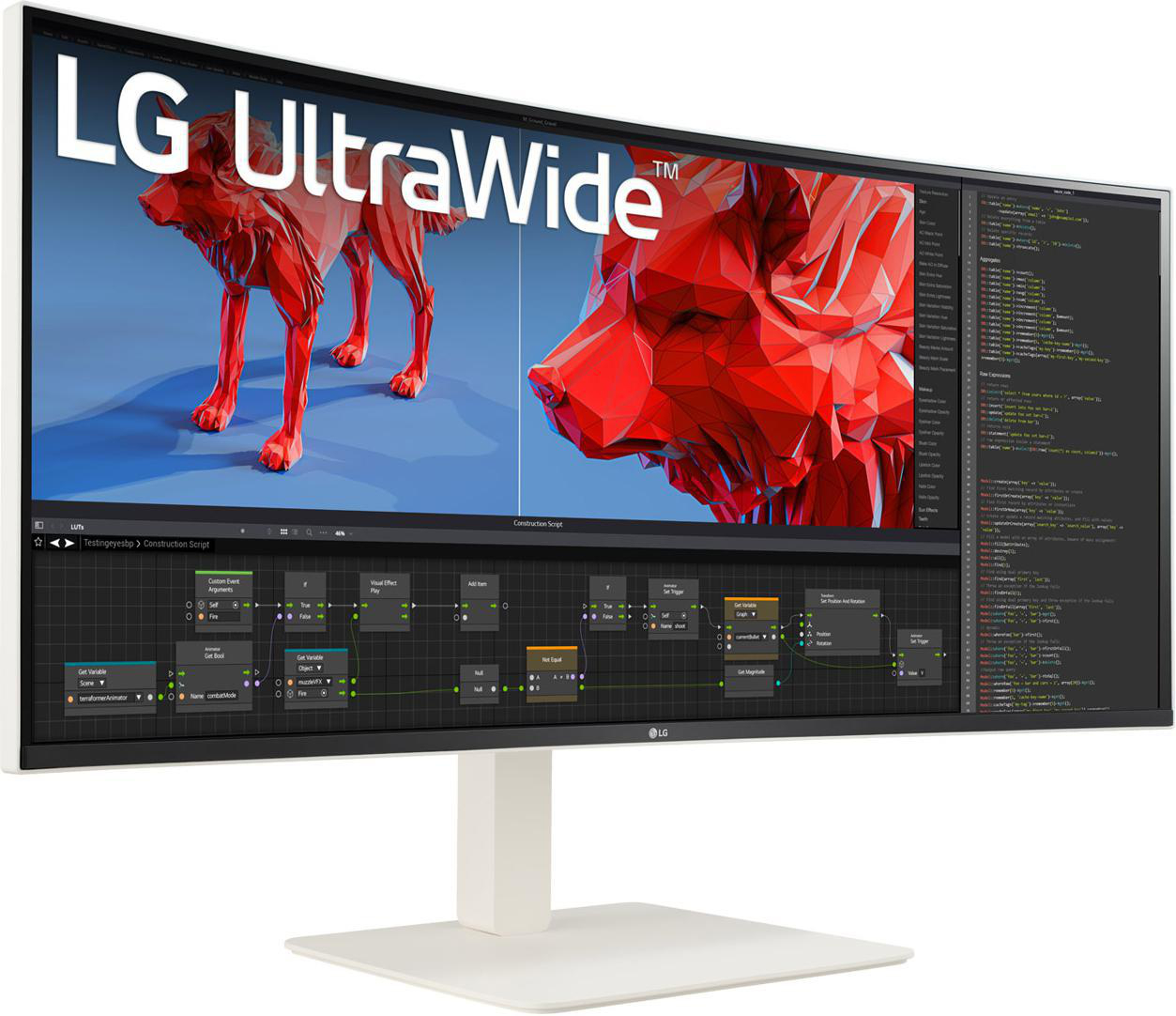 Ein breiter Monitor auf einem Ständer, der eine Designoberfläche zeigt.