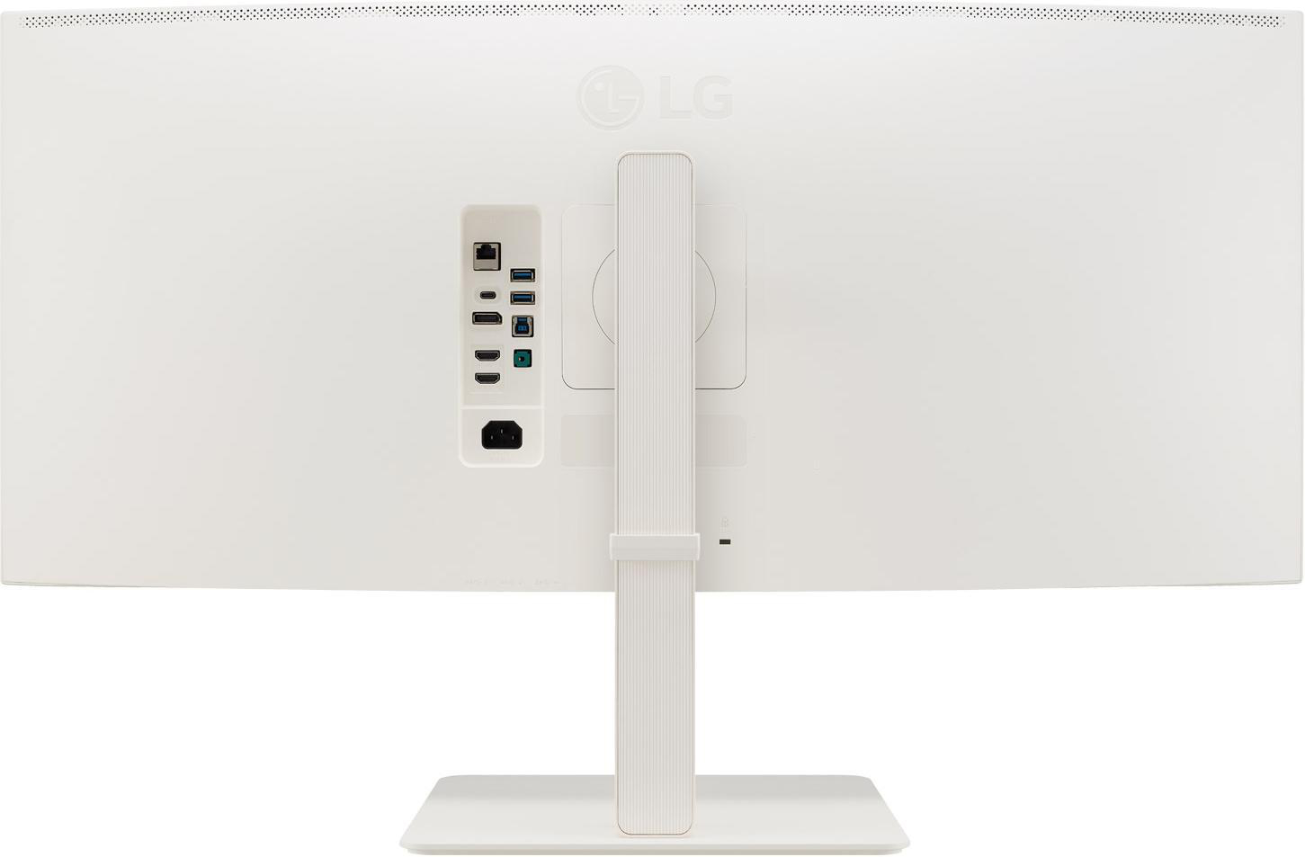 Weißer Computermonitor, Rückansicht, mit Anschlüssen und Ständer.