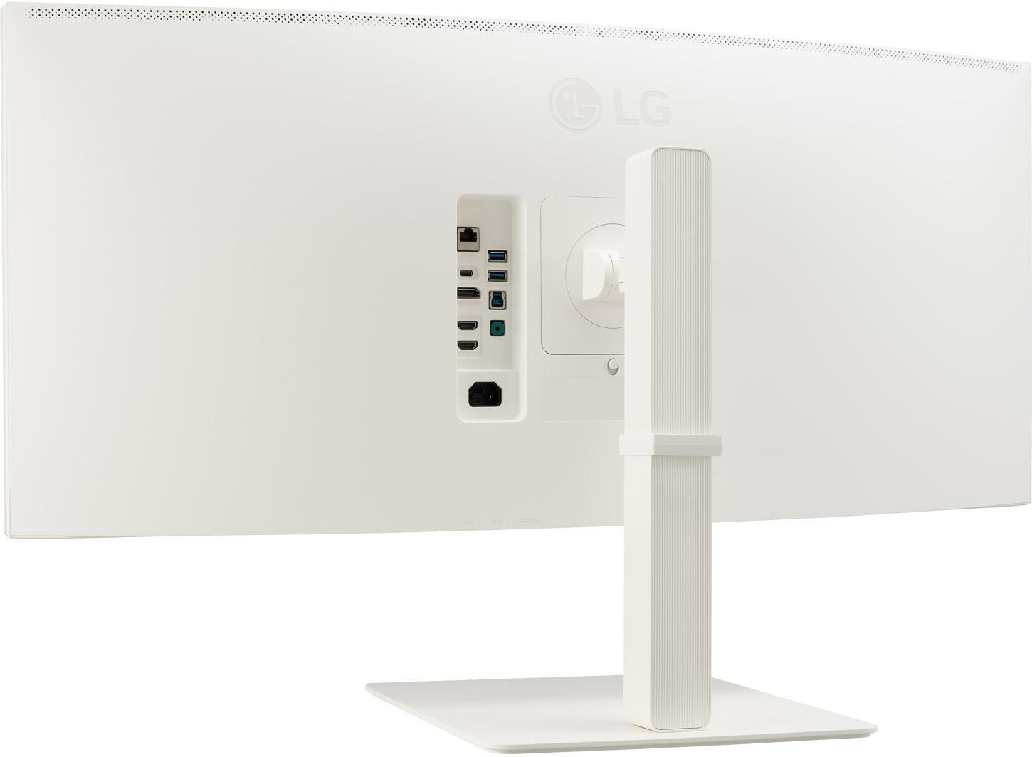 Rückseite eines weißen LG-Monitors mit Anschlüssen und Ständer. Weißer Hintergrund. LG-Logo oben.